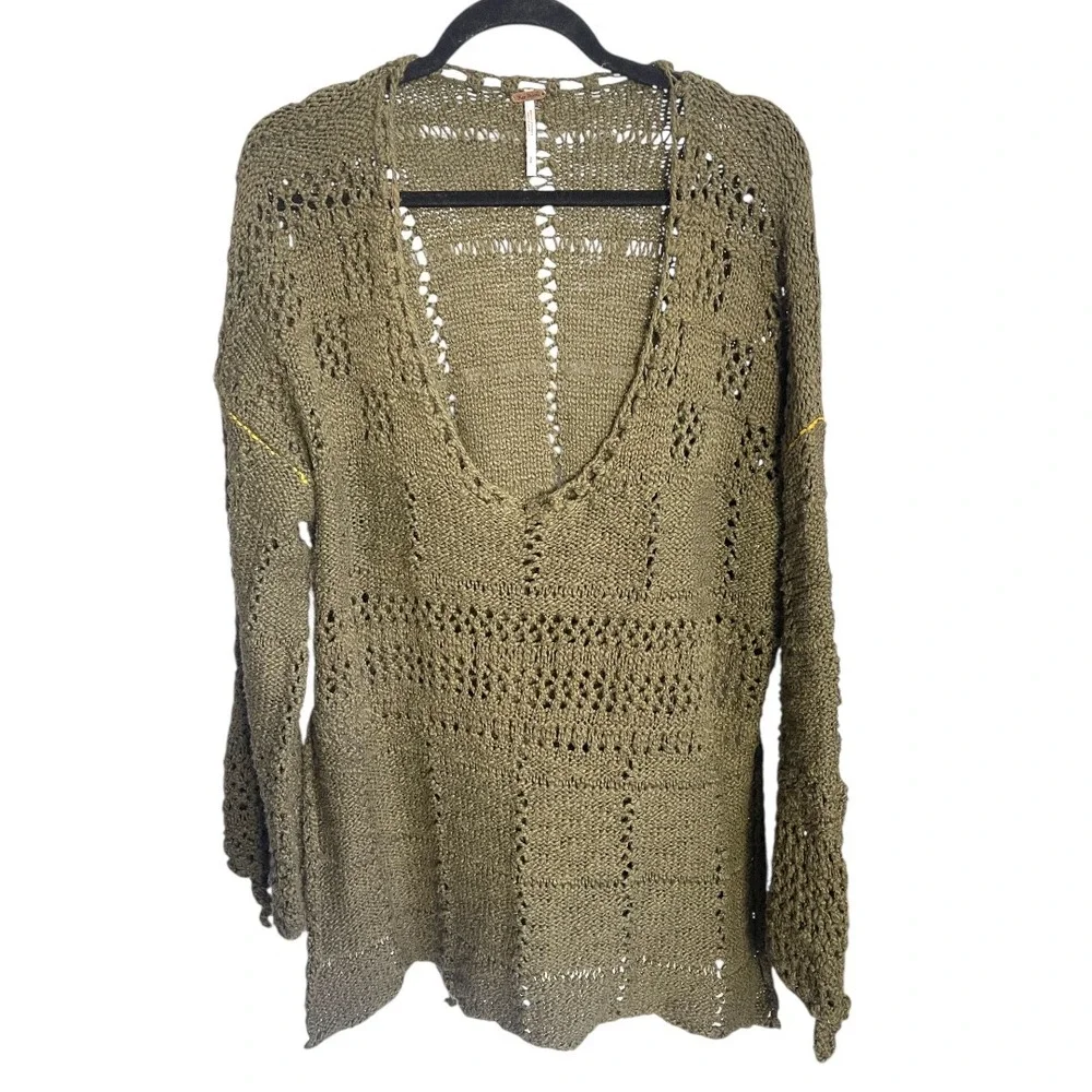 Free People Flower Child Tunic Sweater Moss Green Crochet Deep V-Neck Pullover S